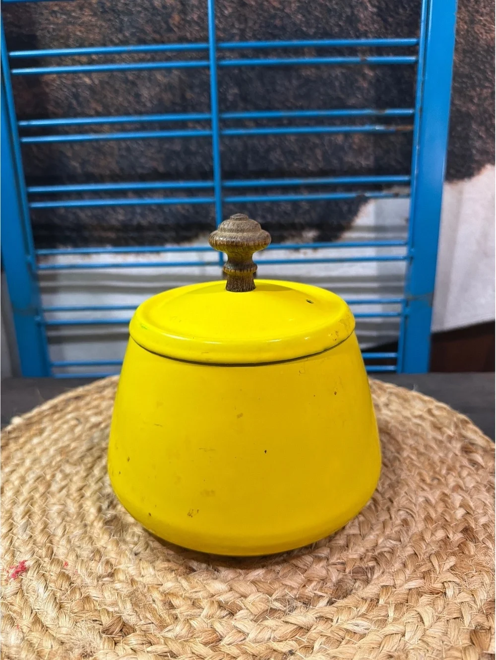 Vintage Yellow Enamel Saucepan with Wooden Handle